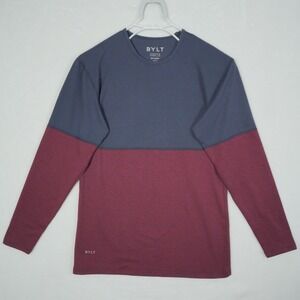 BYLT Shirt Men's Size Small Premium Crew Stripe Navy Red Stretch Long Sleeve